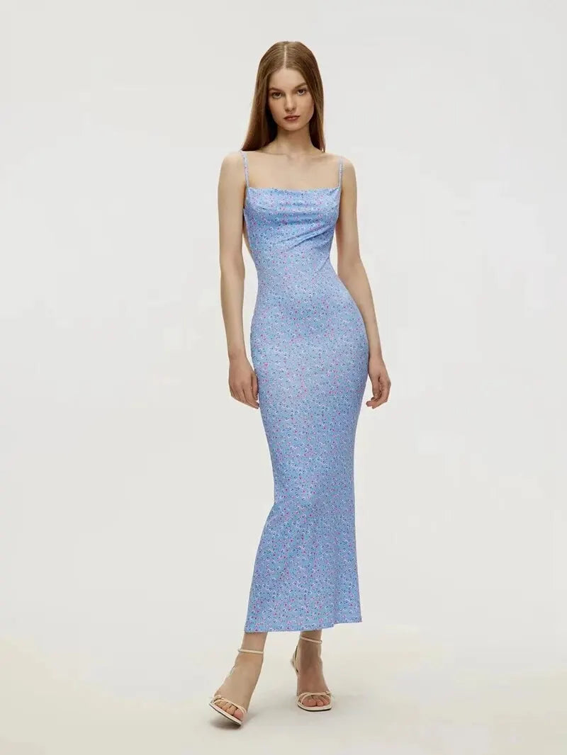 Long Floral Suspender Dress Nsummer Sexy Backless Slimming Beach Dress Fashionable Simple Printed Banquet Women's Clothing