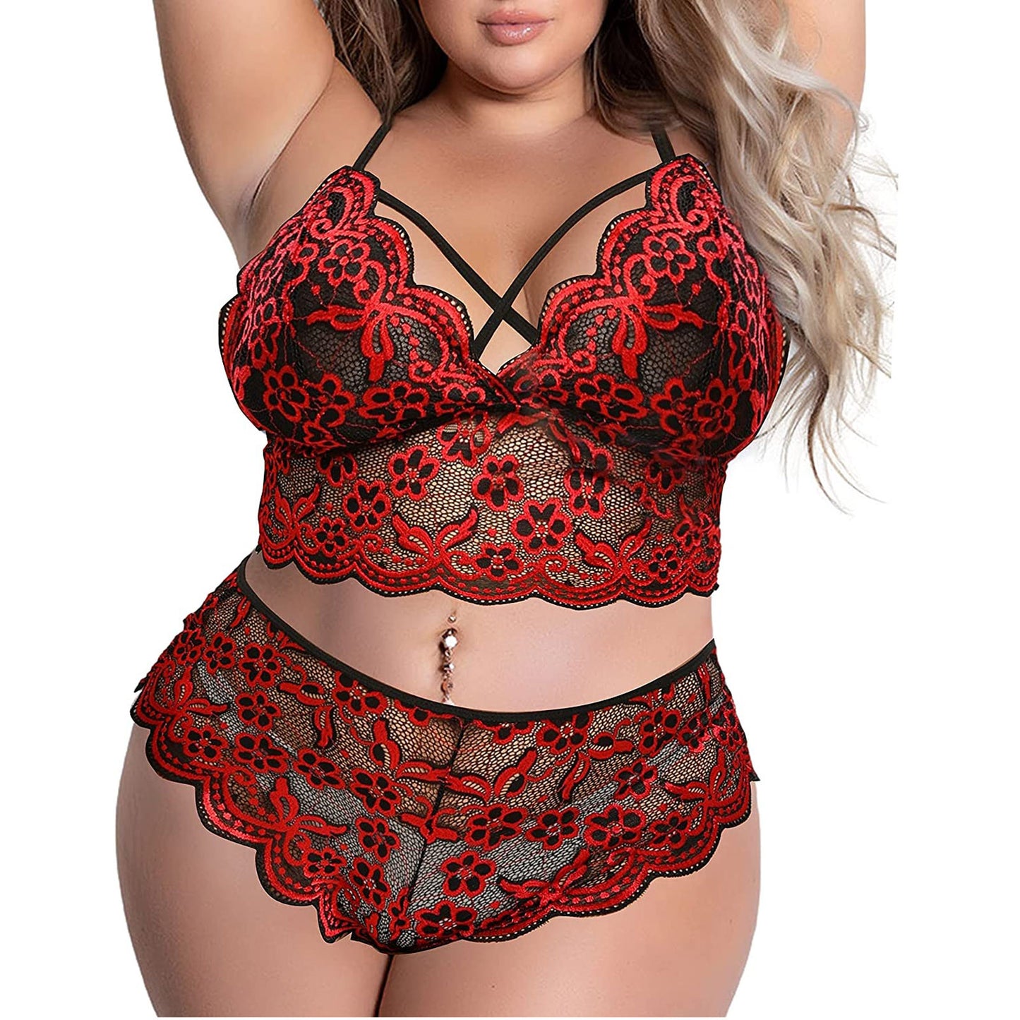 Women Plus Size Underwear Sexy Lingerie Back Cross Bra Lace Bralette 2 Piece Mesh Lingerie Set Big size Deep V Bra Panties Set