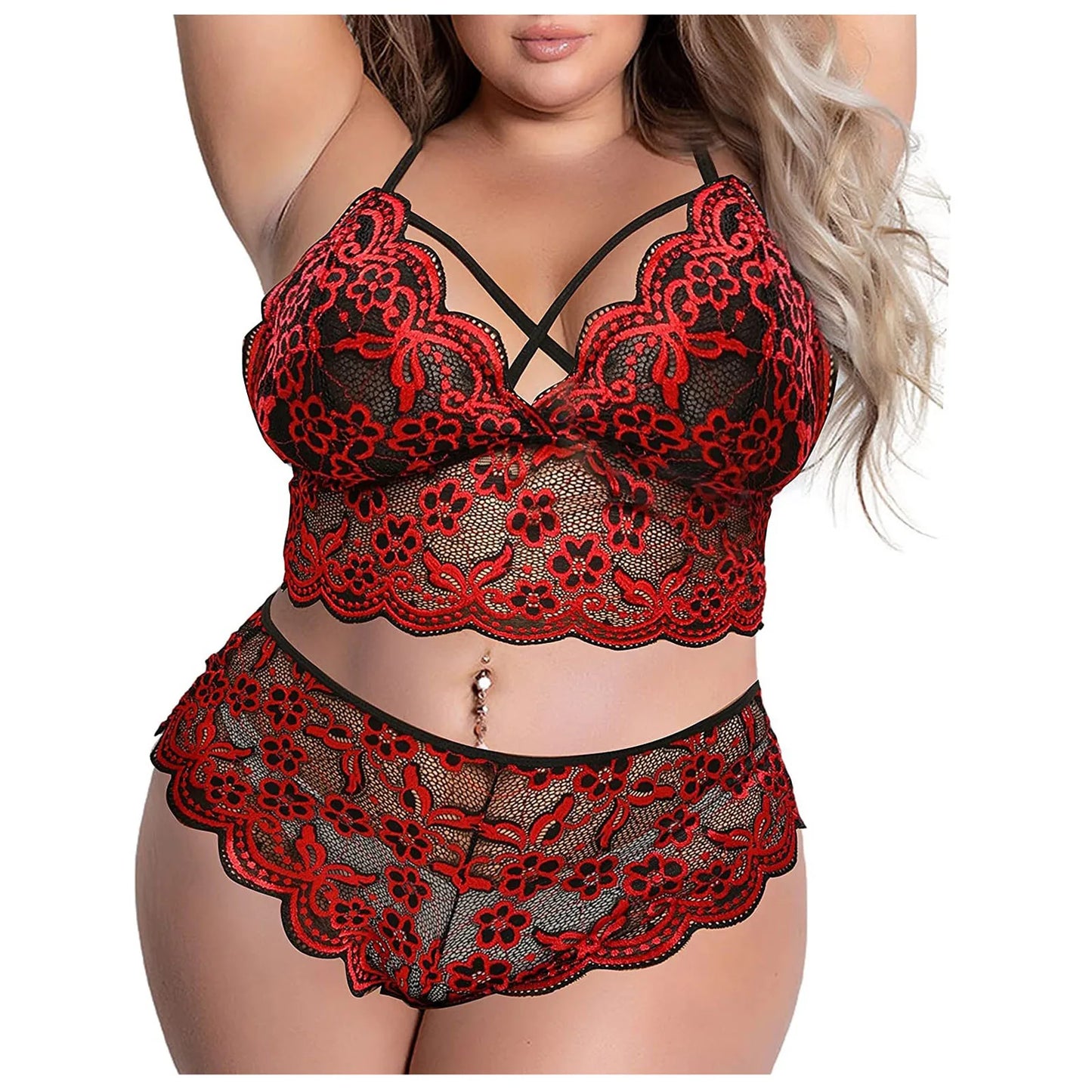 Women Plus Size Underwear Sexy Lingerie Back Cross Bra Lace Bralette 2 Piece Mesh Lingerie Set Big size Deep V Bra Panties Set