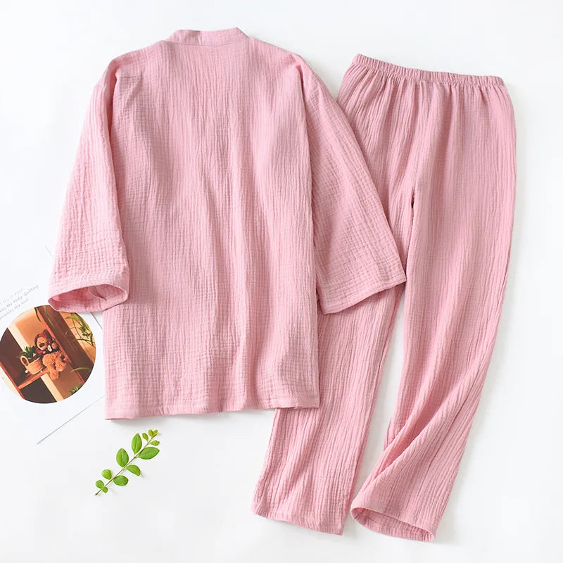 Men and Women 100% Cotton Pajamas Plus Size Loose Bathrobes V-Neck Kimono Pijama Mujer Three Quarter Sleepwear Couple Loungewear