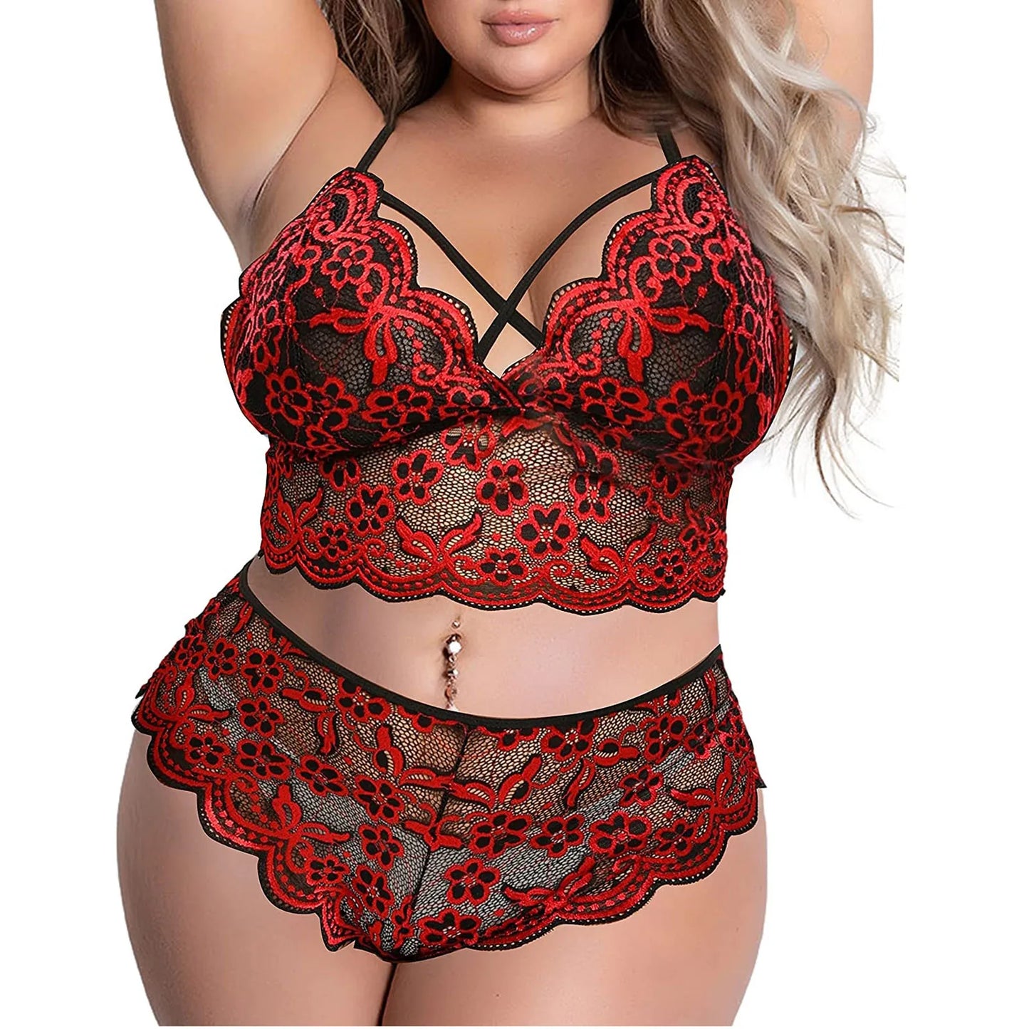 Women Plus Size Underwear Sexy Lingerie Back Cross Bra Lace Bralette 2 Piece Mesh Lingerie Set Big size Deep V Bra Panties Set