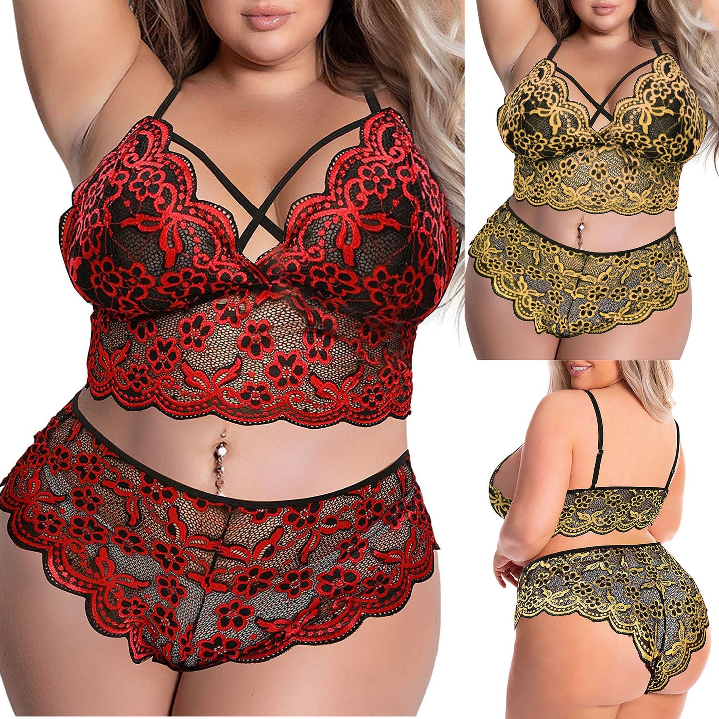 Women Plus Size Underwear Sexy Lingerie Back Cross Bra Lace Bralette 2 Piece Mesh Lingerie Set Big size Deep V Bra Panties Set