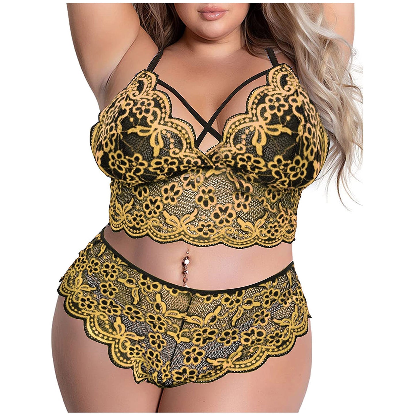 Women Plus Size Underwear Sexy Lingerie Back Cross Bra Lace Bralette 2 Piece Mesh Lingerie Set Big size Deep V Bra Panties Set