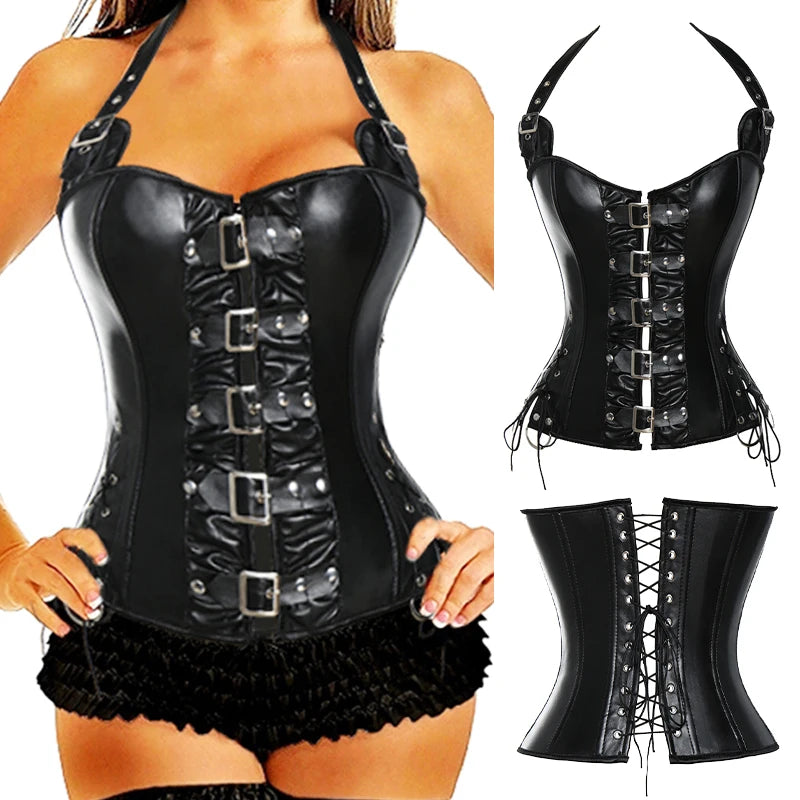 Women's Bustiers Corsets Leather Overbust Corset with Buckles Steel Boned Steampunk Gothic Bustier Waist Training Corselet Vest