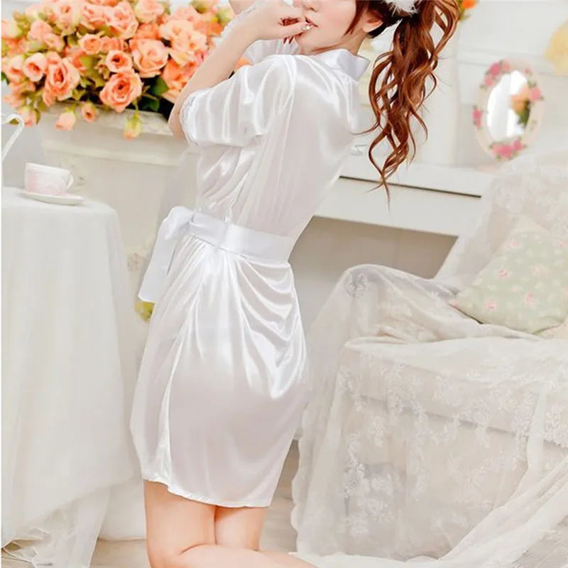 Sexy Women Satin Soft Nightgown Lingerie Nightdress Female Sleepwear Robe Night Suits Satin Robe Black White Rose