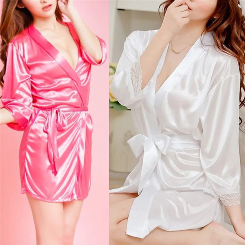 Sexy Women Satin Soft Nightgown Lingerie Nightdress Female Sleepwear Robe Night Suits Satin Robe Black White Rose