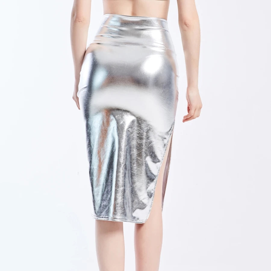 Summer Holographic Thigh Splits Bodycon Midi Skirt Sexy Metallic Wet Look Laser Blue Pencil Skirt Festival Rave Clothing