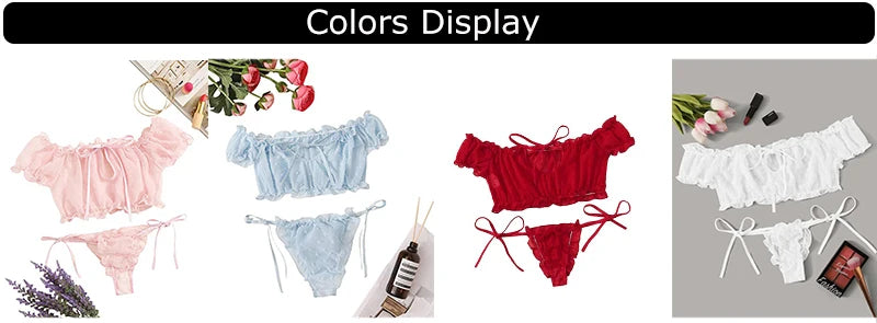 Women's Lingerie Sexy Mesh Bra Set Off Shoulder Ruffle Underwear Set Cute Dot Transparent Bras Thong Bandage Lenceria Intimates