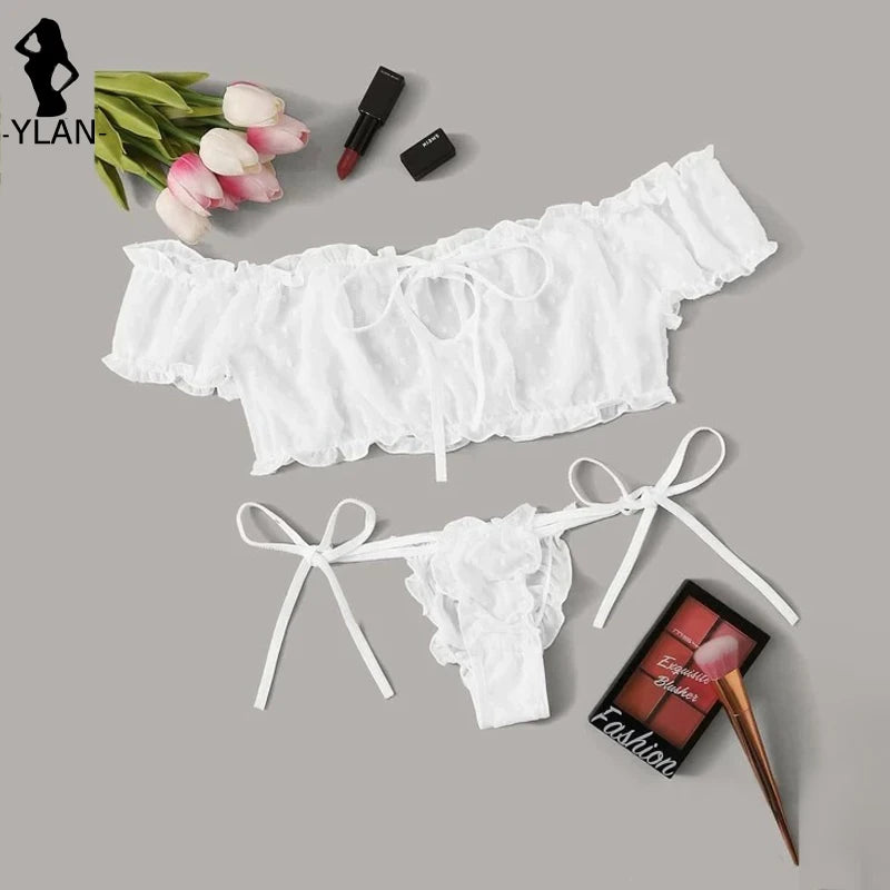 Women's Lingerie Sexy Mesh Bra Set Off Shoulder Ruffle Underwear Set Cute Dot Transparent Bras Thong Bandage Lenceria Intimates