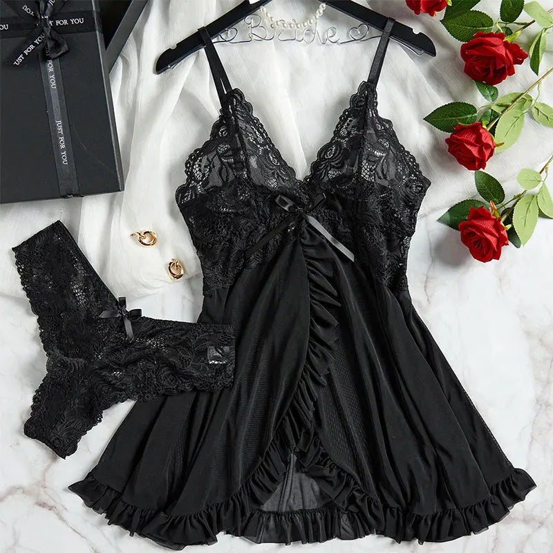 Thin Style G-string Contrast Lace Ruffle Trim Lingerie Set Deep V Slip Dress Thong Women's Sexy Lingerie Lencería Mujeres