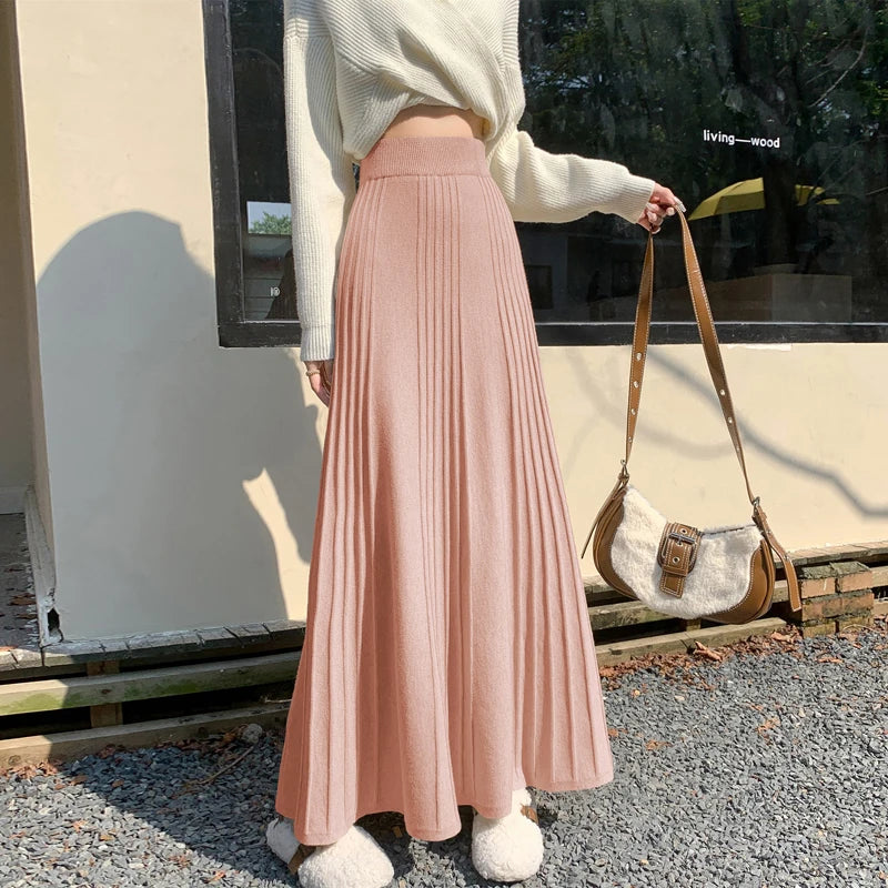 MEXZT Elegant Knitted Midi Skirt Women Fashion High Waist Black Pleated Skirts Fall Winter Ladies Korean Slim A Line Skirt New