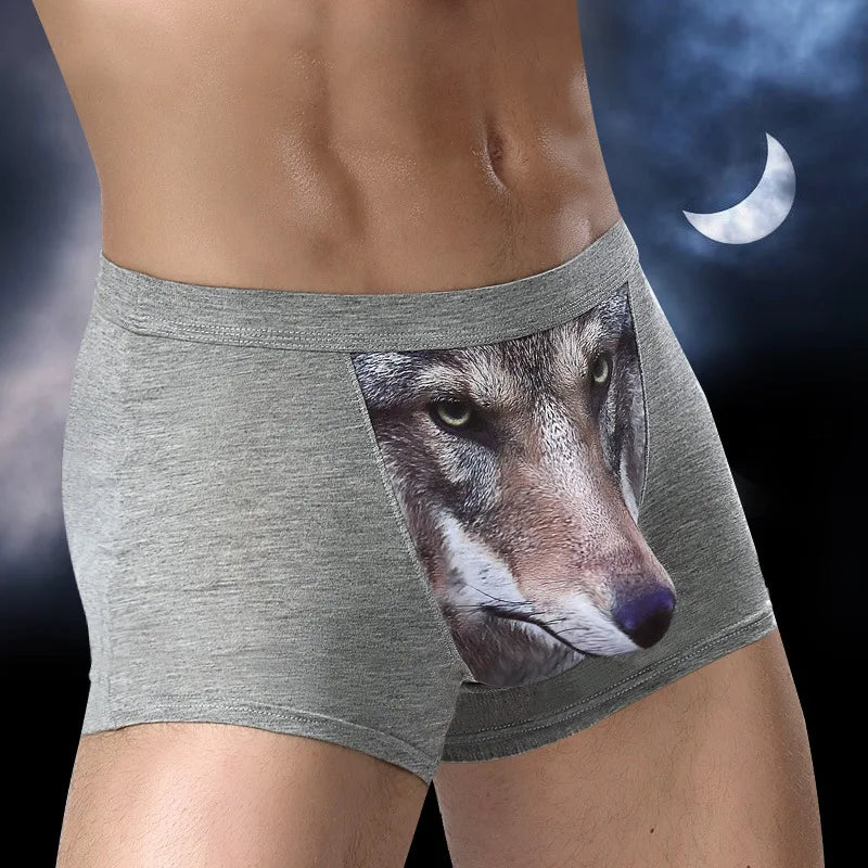 L-7XL Men's 3D Personality Panties Creative Wolf Head Animal Print Modal Underpants Mid-waist Breathable Boxer Shorts