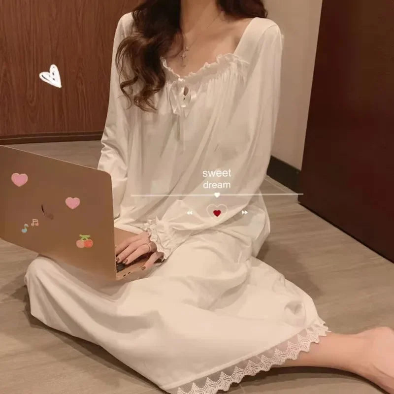 Long-Sleeved Princess Style Nightgown Women's Pajamas Lace Court Style Loose Large Size 2024 New Home Wear