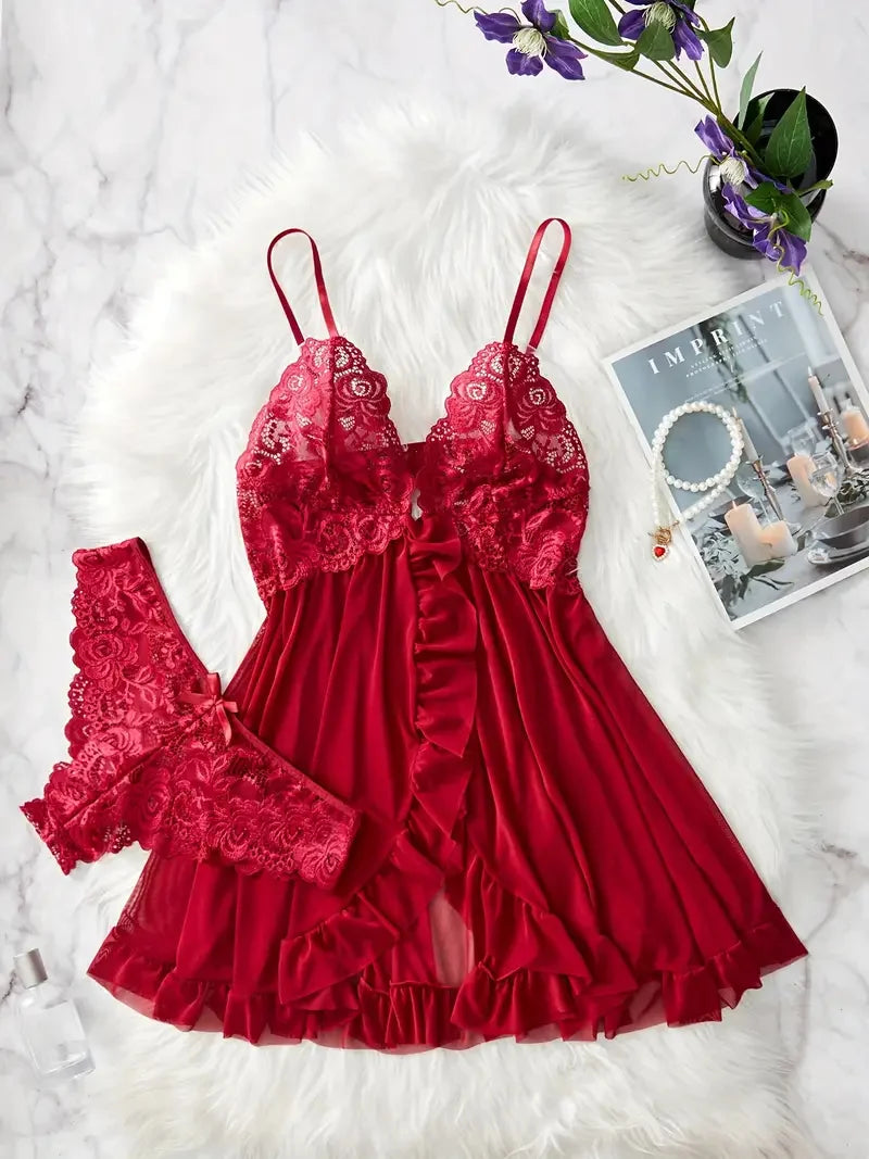 Contrast Lace Ruffle Trim Lingerie Set, Deep V Slip Dress & Thong, Women's Sexy Lingerie & Underwear