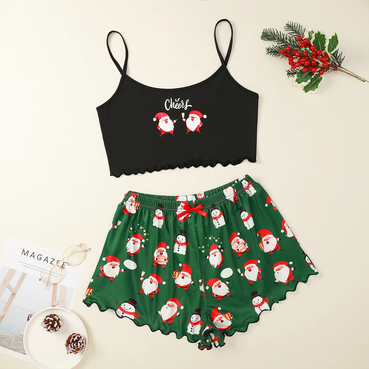 Women's 2pcs Cute Soft Comfy Christmas Set Cartoon  Print Strap Top Santa Claus Shorts Home Suit Sexy Pajamas