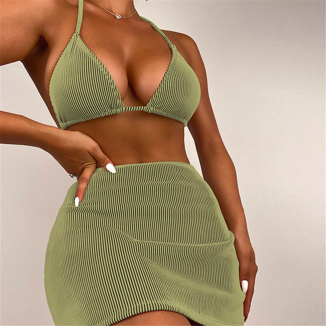 S - XL New With Skirt Ribbed Halter Bikini Female Swimsuit Women Swimwear Three-pieces Bikini set Bather Bathing Suit Swim V4351