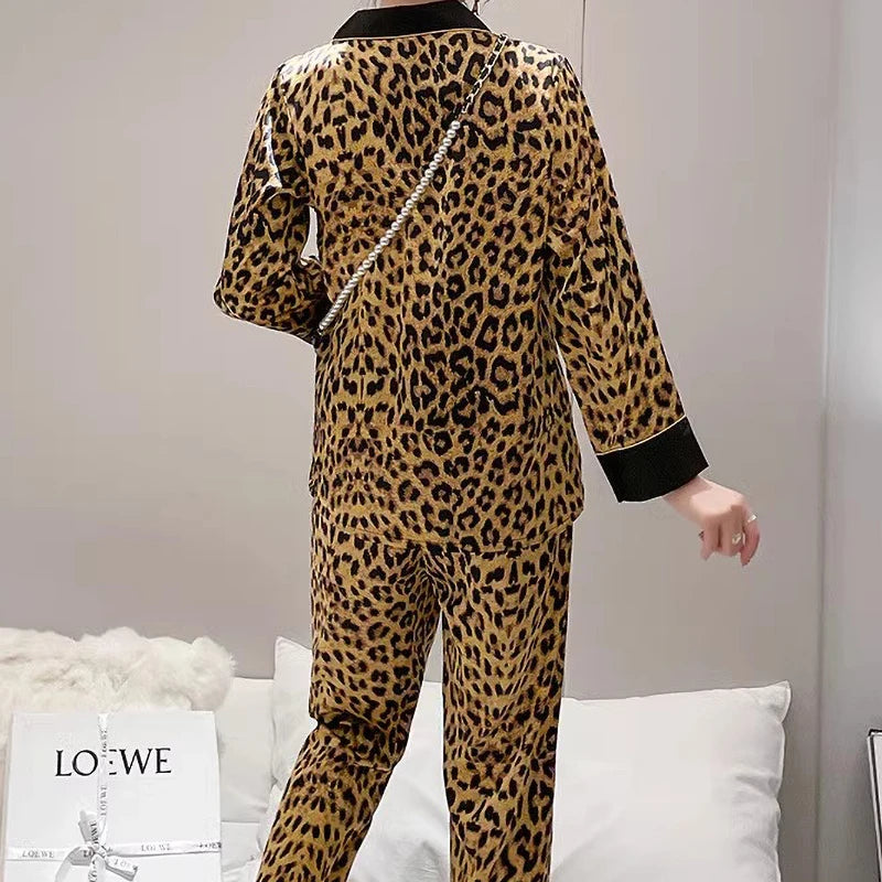 Europe & American Retro Leopard Women's Pajamas Elegant Trendy Print Lazy Fashion Sleepwear 2024 New Summer 2pcs Casual Homewear