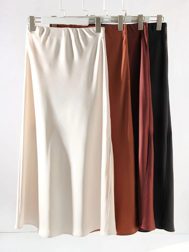 Long Satin Skirts For Women Summer High Quality Skirt With Slit On The Side Silk Elegant Black Maxi Luxury Women's Skirts 2024