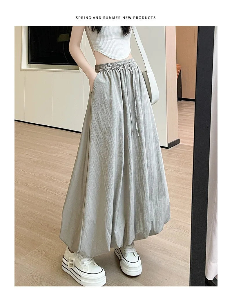 Solid Color Casual Long Skirt For Women 2024 Summer Fashion Women's Bubble Skirt Female Korean High Waist Elastic A-Line Skirt