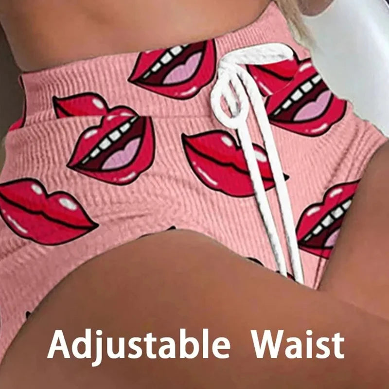 Summer Short Sexy Casual Lips Print Female Sleepwear Suit Pajamas Top+Pants Skinng Women Homewear Underwear