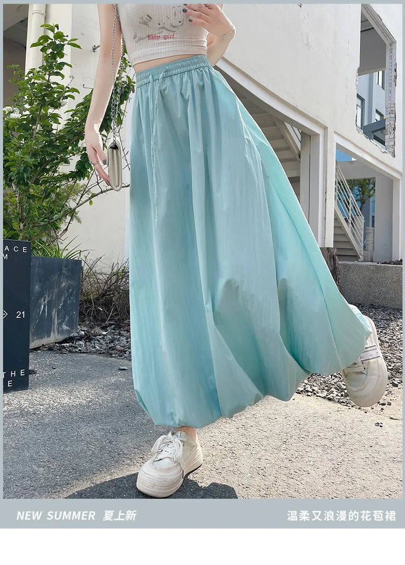 Solid Color Casual Long Skirt For Women 2024 Summer Fashion Women's Bubble Skirt Female Korean High Waist Elastic A-Line Skirt