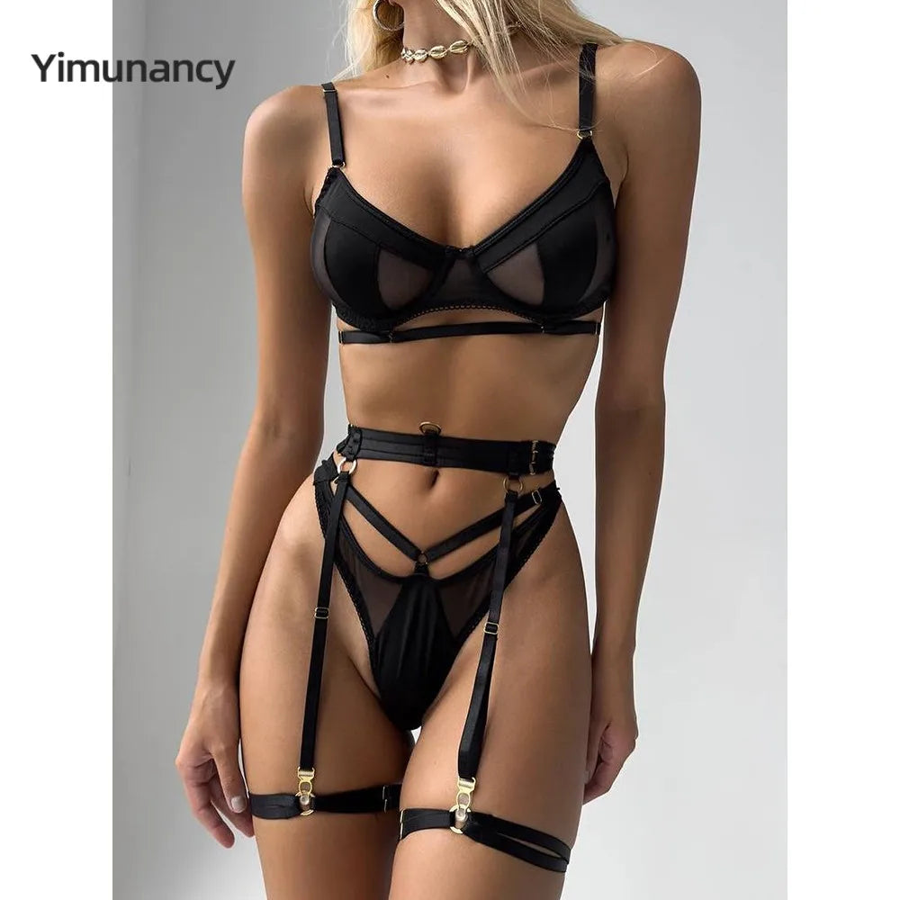 Yimunancy 3-Piece Lingerie Set Women Sexy Erotic Mesh Patchwork Bra + Brief Underwear Set Bandage Garter Kit