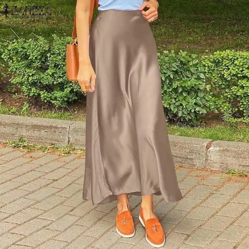 ZANZEA Woman Spring Autumn Satin Silk Skirt Work OL Back Zipper Faldas Saia Jupe Elegant Casual Party Solid Sundress 2023