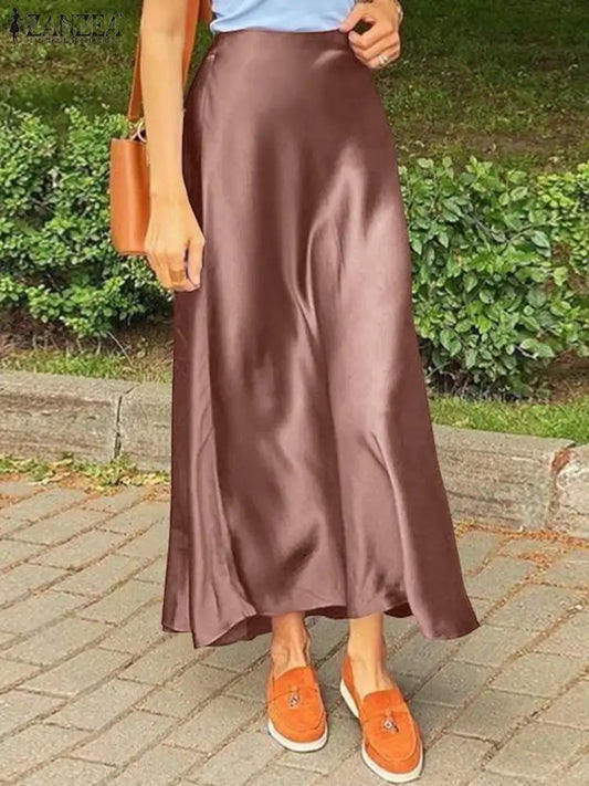 ZANZEA Woman Spring Autumn Satin Silk Skirt Work OL Back Zipper Faldas Saia Jupe Elegant Casual Party Solid Sundress 2023