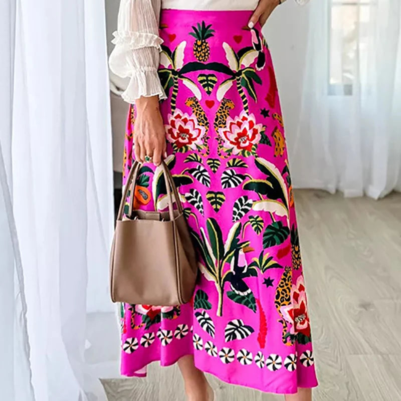 Street Tropical Plant Print Retro Skirt for Women 2024 Spring High Waist A-Line Long Skirts Summer Side Zipper Fashionable Skirt