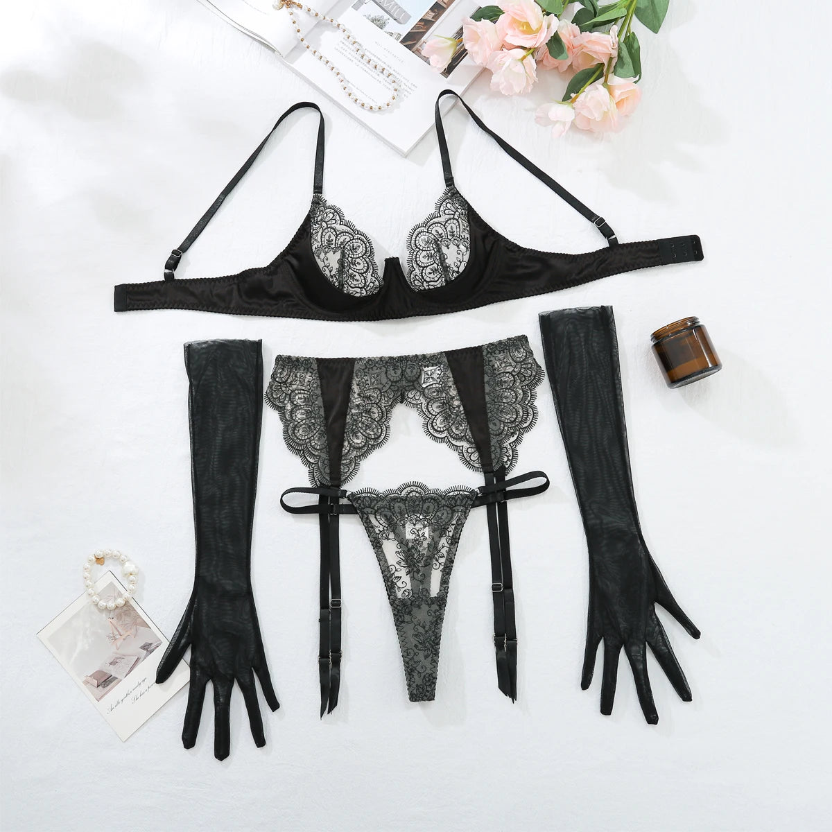 AVELINE 2025 Fall Fashion New Sexy Embroidered Lace Stitching Craft Interest Perspective Back Underwear four-piece Set