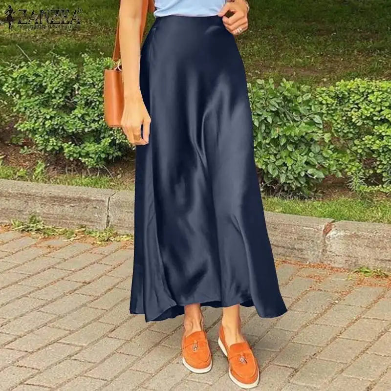 ZANZEA Woman Spring Autumn Satin Silk Skirt Work OL Back Zipper Faldas Saia Jupe Elegant Casual Party Solid Sundress 2023