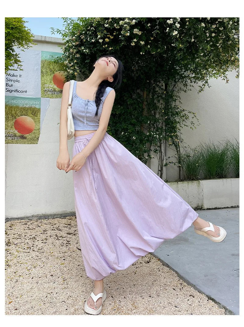 Solid Color Casual Long Skirt For Women 2024 Summer Fashion Women's Bubble Skirt Female Korean High Waist Elastic A-Line Skirt