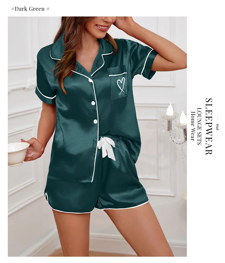 Women's Pajamas Lounge Set Heart Embroidered Pocket Patched Sleepwear Button Down Short Sleeve Top & Shorts Pyjama Home Clothing