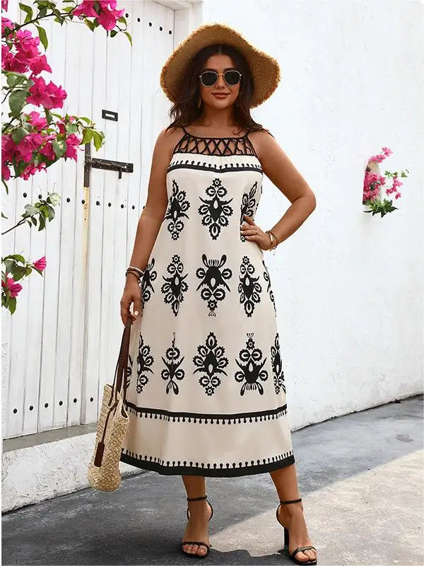 Plus Size Contrast Lace O-Neck Women Dresses Sleeveless A-Line Long Robe Geometric Print Oversized Summer Vacation Clothing