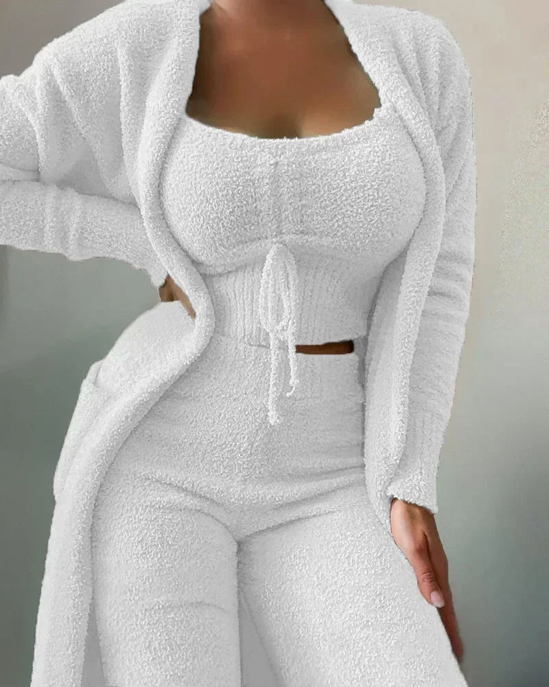 2024 New Autumn Winter Women's Velvet Pajamas Set Crop Top+Long Pants+Coat 3 Pieces Suit Warm Soft Fleece Homewear Pyjamas S-3XL