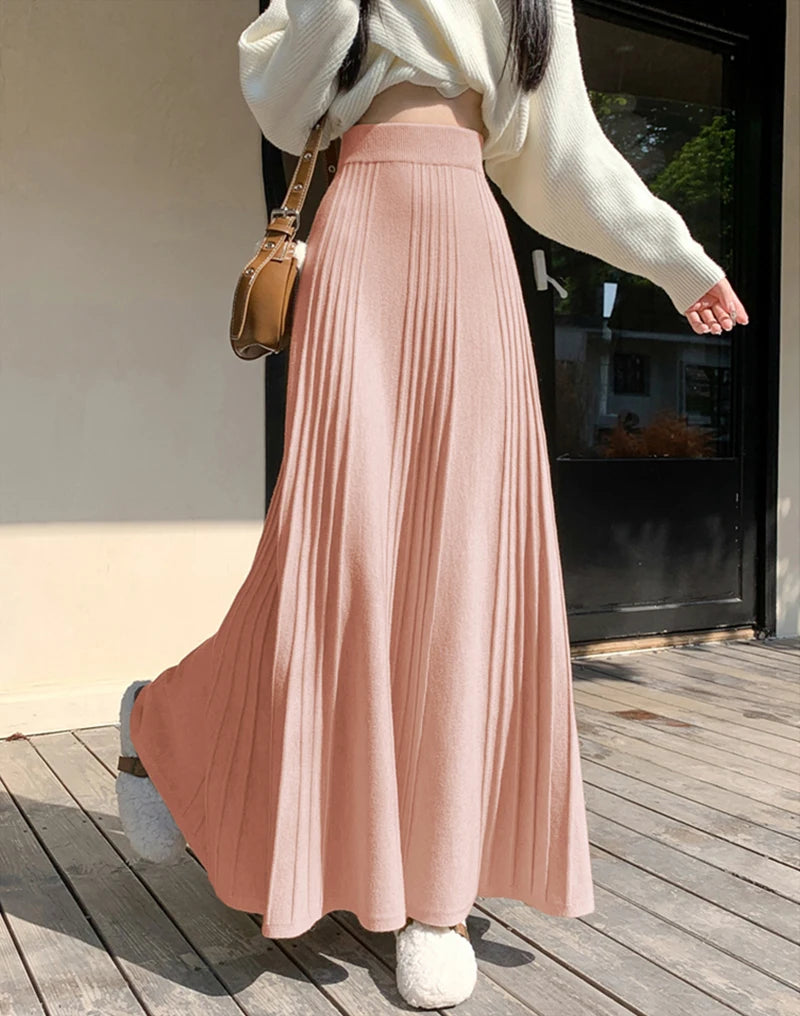 MEXZT Elegant Knitted Midi Skirt Women Fashion High Waist Black Pleated Skirts Fall Winter Ladies Korean Slim A Line Skirt New