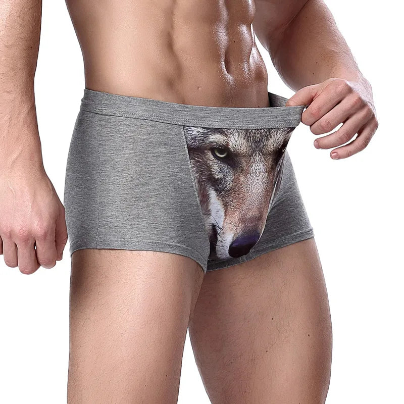 L-7XL Men's 3D Personality Panties Creative Wolf Head Animal Print Modal Underpants Mid-waist Breathable Boxer Shorts