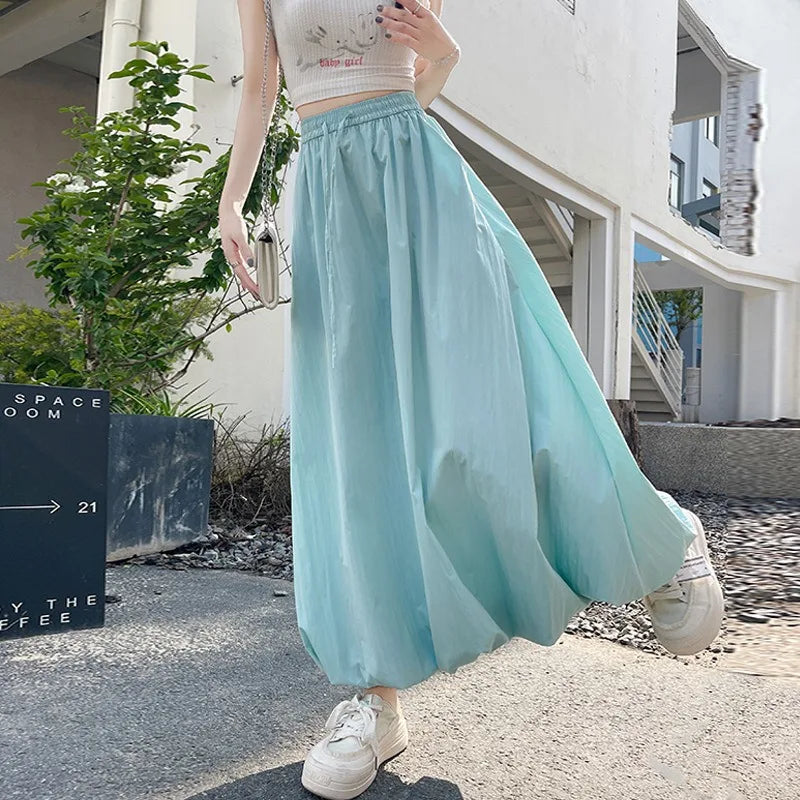 Solid Color Casual Long Skirt For Women 2024 Summer Fashion Women's Bubble Skirt Female Korean High Waist Elastic A-Line Skirt