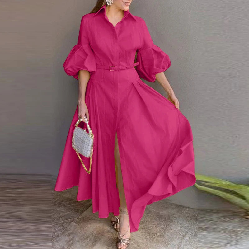 Plus Size 5XL VONDA 2024 Elegant Party Maxi Dress Fashion Women Lantern Sleeve Buttons Big Swing Sundress Casual Solid Robe