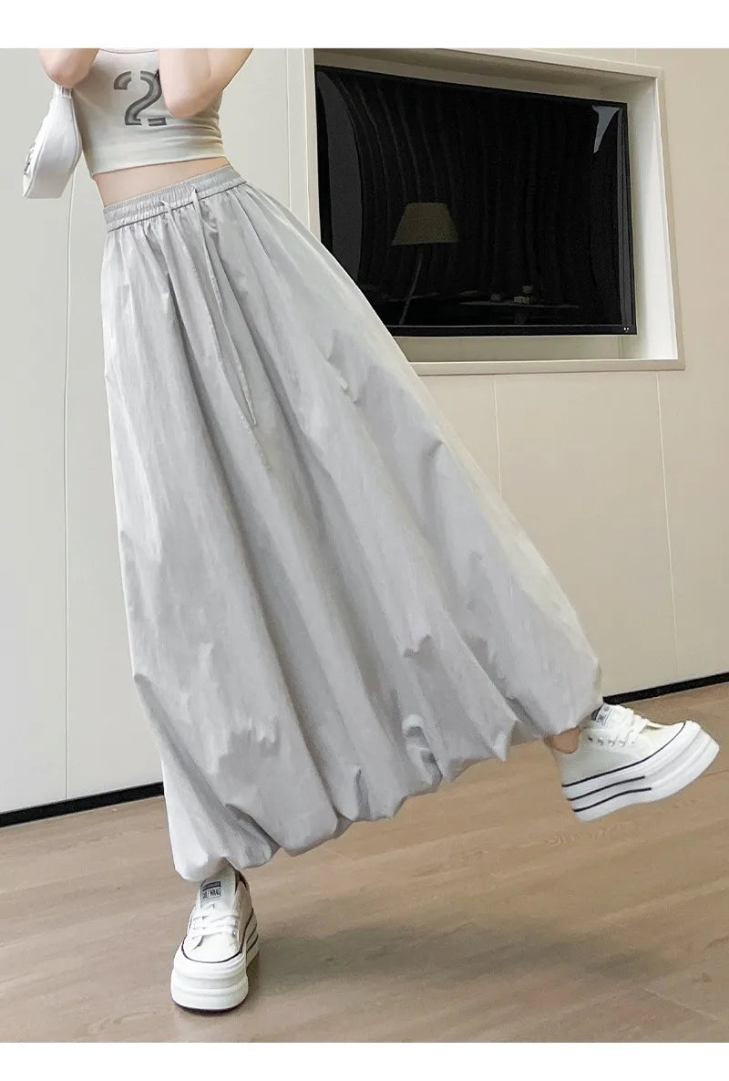 Solid Color Casual Long Skirt For Women 2024 Summer Fashion Women's Bubble Skirt Female Korean High Waist Elastic A-Line Skirt