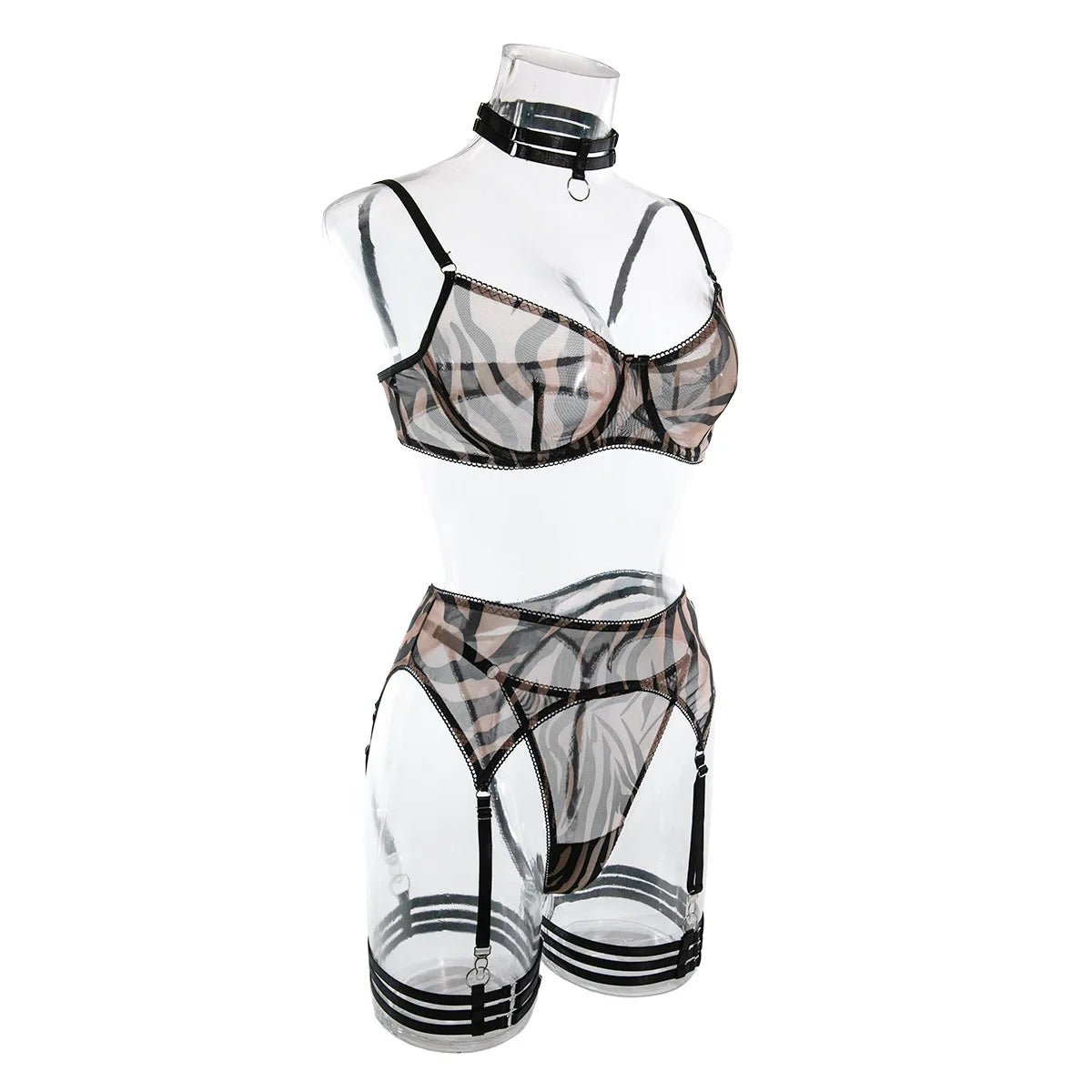 Koltailace Zebra Bra + Panty Print Mesh Lingerie Transparent Underwear Set Erotic Sexy Garter Intimates