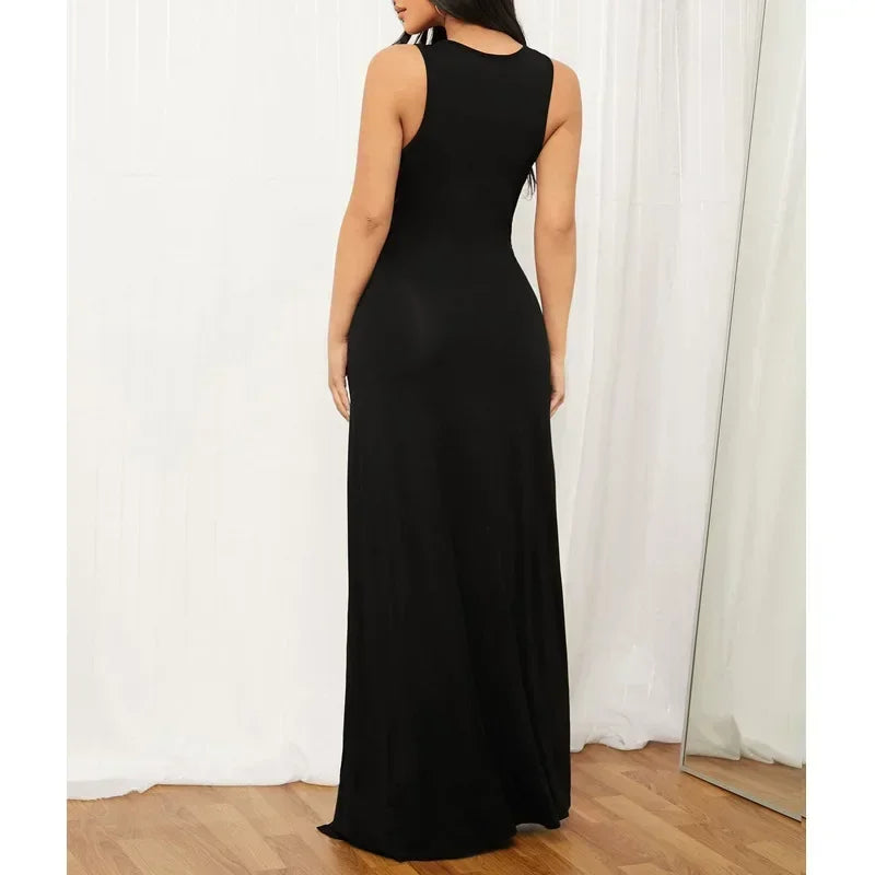 New Low-Cut V-Neck Sleeveless Double Slit Sexy Black Suspender Floor-Length Dress High-Waisted Women's Cocktail Party Long Dress