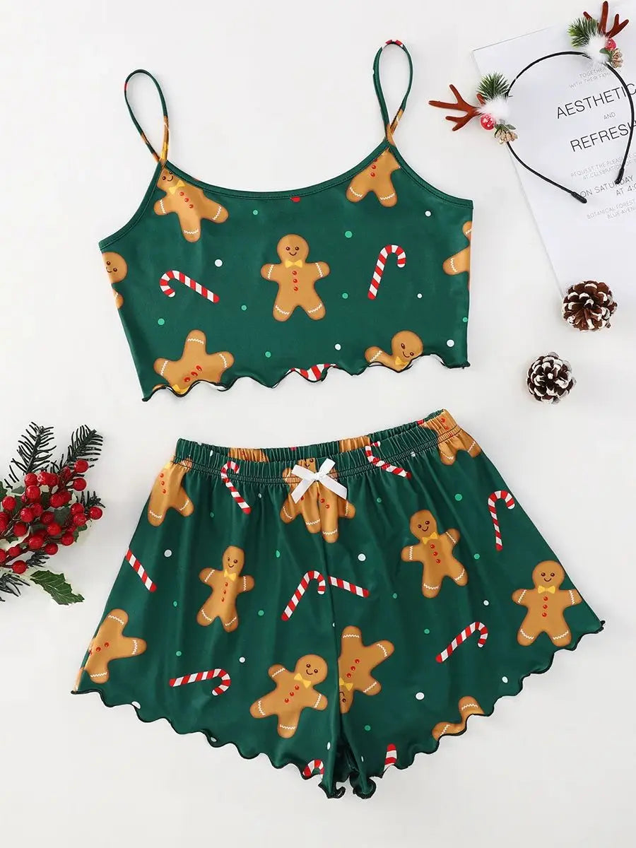 Women's 2pcs Cute Soft Comfy Christmas Set Cartoon  Print Strap Top Santa Claus Shorts Home Suit Sexy Pajamas