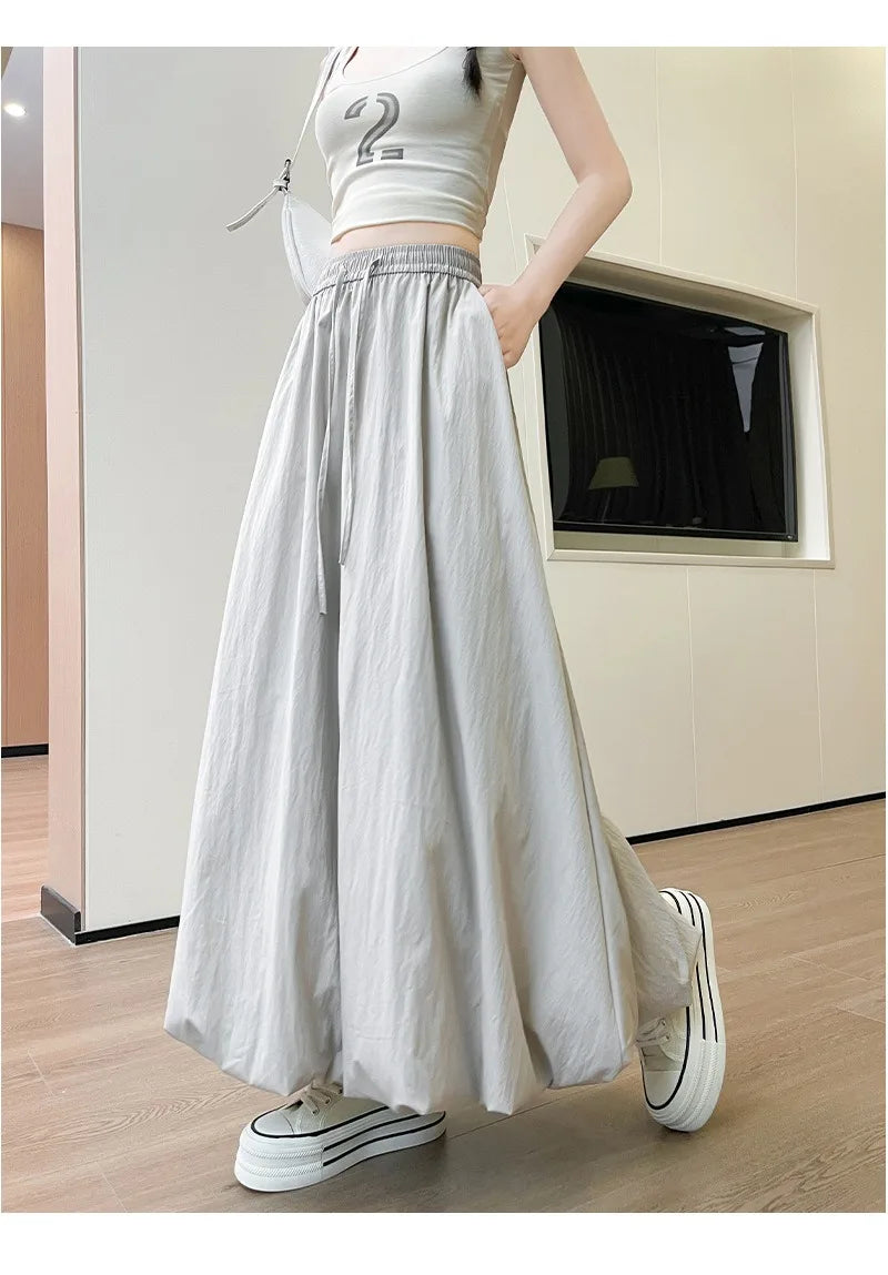 Solid Color Casual Long Skirt For Women 2024 Summer Fashion Women's Bubble Skirt Female Korean High Waist Elastic A-Line Skirt