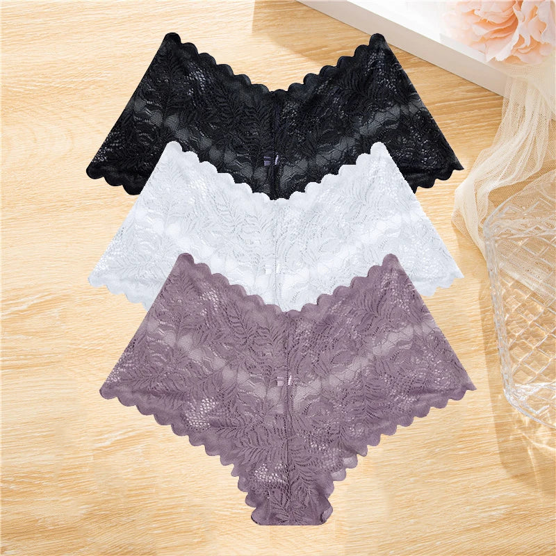 FINETOO 3Pcs/set Lace Boyshort Panties Women Low-Rise Floral Underwear S-XL Girls Sexy Panties Ladies Lace Underpants Lingerie