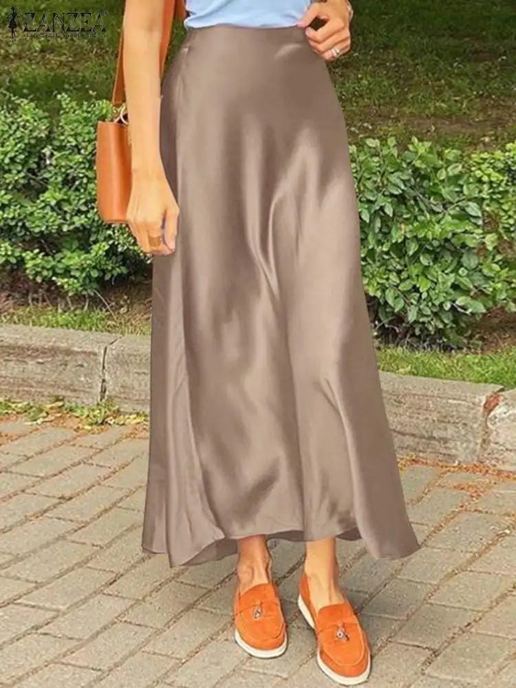 ZANZEA Woman Spring Autumn Satin Silk Skirt Work OL Back Zipper Faldas Saia Jupe Elegant Casual Party Solid Sundress 2023