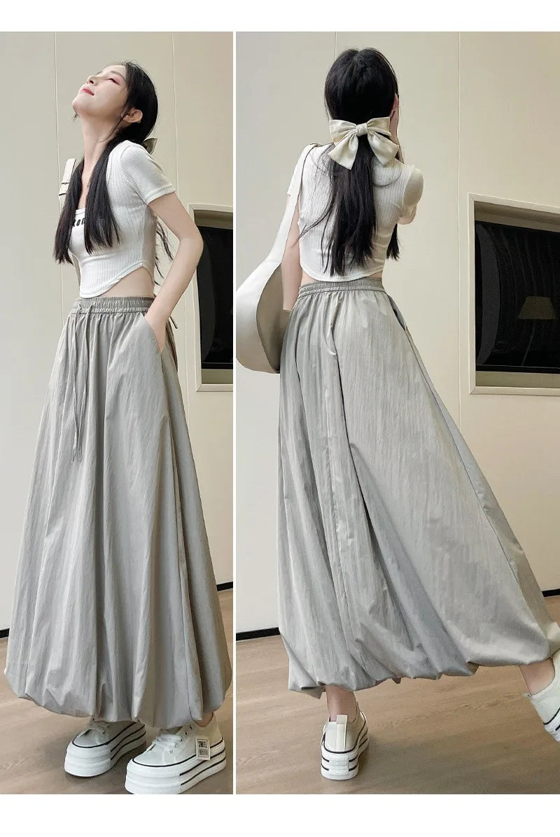 Solid Color Casual Long Skirt For Women 2024 Summer Fashion Women's Bubble Skirt Female Korean High Waist Elastic A-Line Skirt