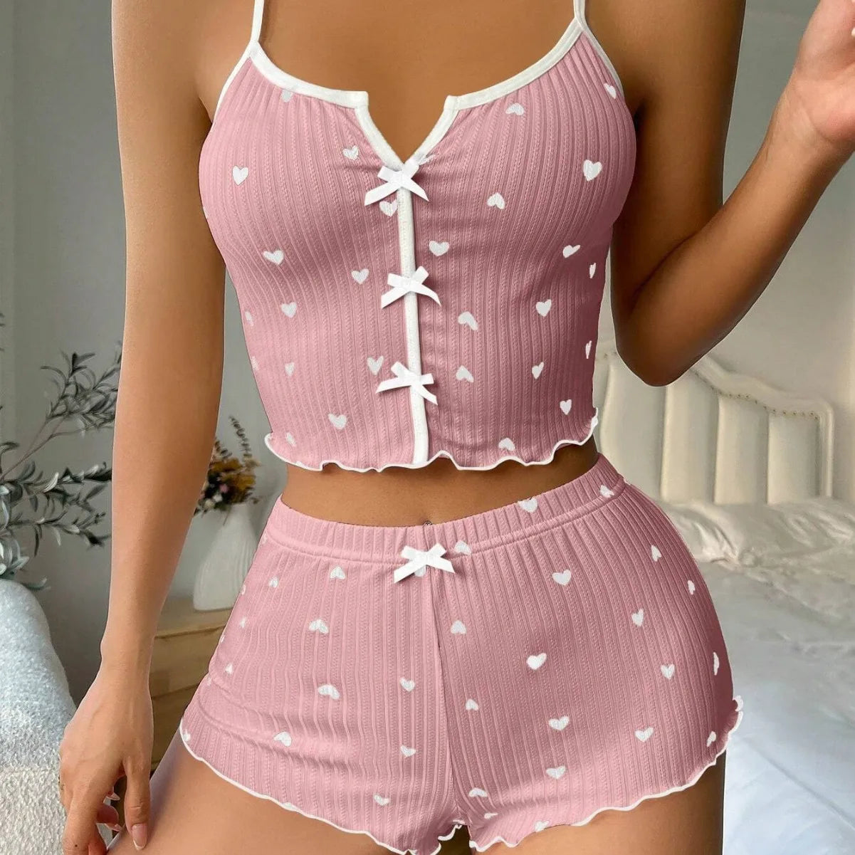 Sexy women's cute sleepwear new heart-shaped printed lettuce border bow vest and shorts Pj set soft sleepwear