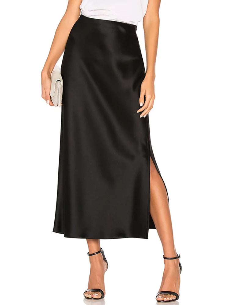 Long Satin Skirts For Women Summer High Quality Skirt With Slit On The Side Silk Elegant Black Maxi Luxury Women's Skirts 2024