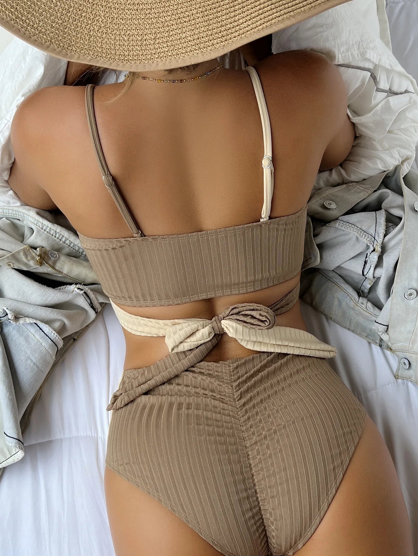 2-piece High Waist Swimsuit Women,2024 Patchwork,cross V-neck Bikini,suspender Backless Swimwear,lace-up,Adjustable Strap,summer